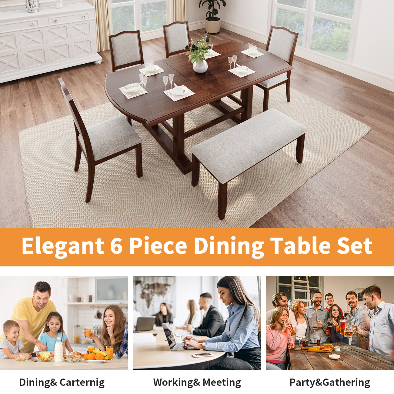 6 Piece Dining Table Set, 60Inch To 78Inch Extendable Wood Dining Table With Removable Leaf, Kitchen Table Set With 4 Upholstered Side Chair And Bench, Dining Table Set For 6 Cherry Wood Dining Room Extendable Rubberwood Rectangular Dining Table With