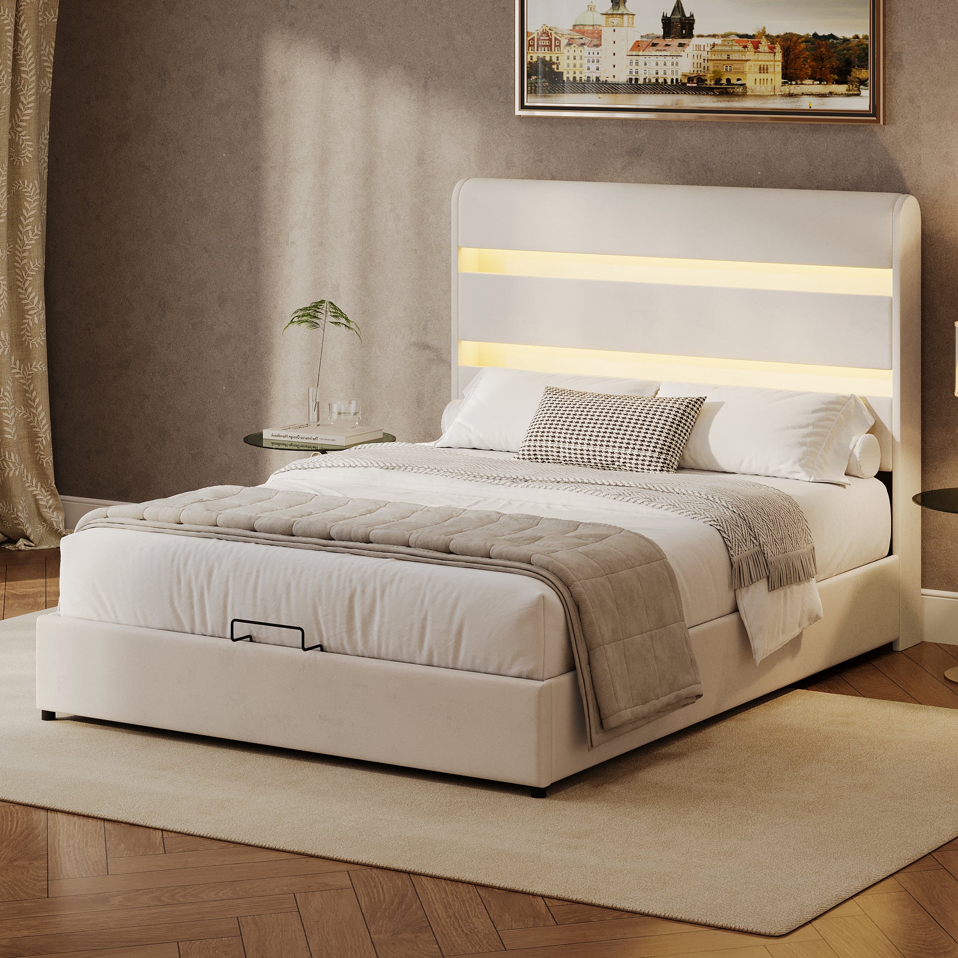 Upholstered Platform King Size Hydraulic Storage Bed, Lift Up Storage Bed With Rgb Led Light Headboard, No Box Spring Needed,Velvet,Beige King Beige Velvet Wood Metal