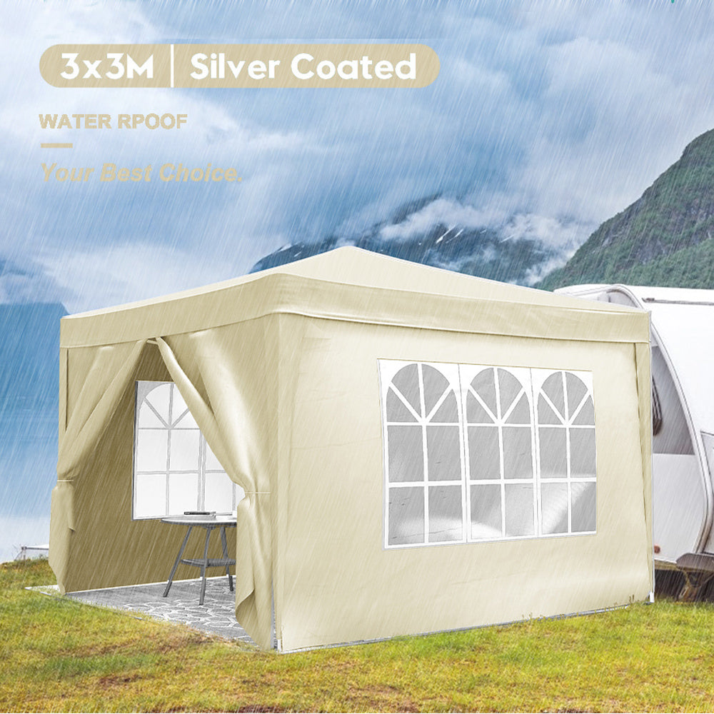 10'X10' Folding Canopy With 4 Removable Sidewalls Outdoor Event Shelter Upf 50 Gazebo Portable Tents For Parties Beach Camping Wedding Ez Pop Up Canopy 4Pcs Weight Bag Carry Bag Beige Metal