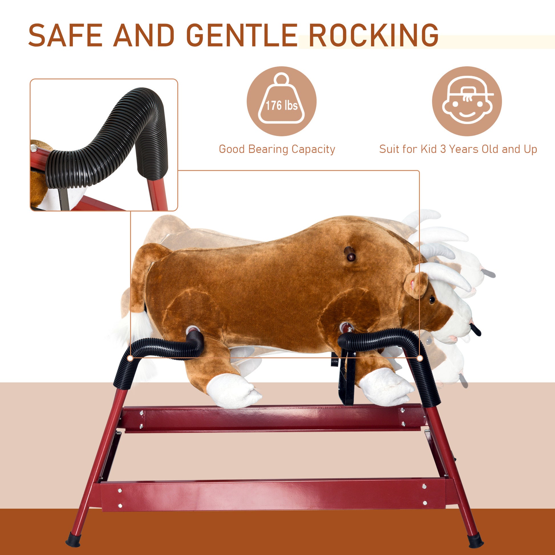 Qaba Kids Spring Rocking Horse Rodeo Bull Style With Realistic Sounds For Children Over 3 Years Old Brown Plush