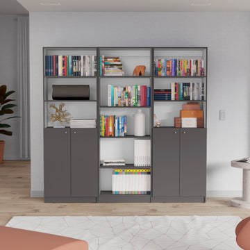 Arbor 3 Piece Home Bookcase Set, 74" Wide With 11 Shelves And Two Double Door Cabinetliving Room Set Matt Gray White Freestanding Multicolor Office Modern Particle Board