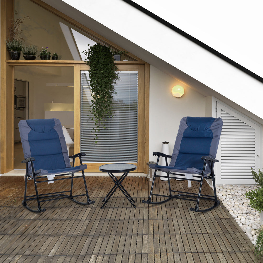 Outsunny 3 Piece Outdoor Patio Furniture Set With Glass Coffee Table & 2 Folding Padded Rocking Chairs, Bistro Style For Porch, Camping, Balcony, Navy Blue Blue Oxford Fabric