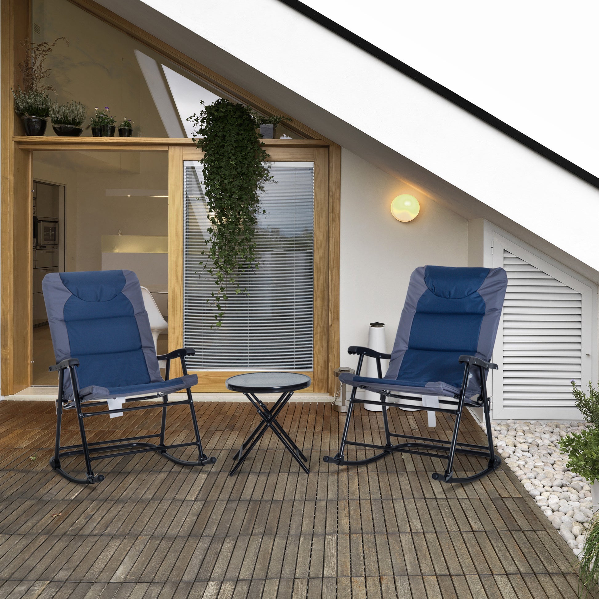 Outsunny 3 Piece Outdoor Patio Furniture Set With Glass Coffee Table & 2 Folding Padded Rocking Chairs, Bistro Style For Porch, Camping, Balcony, Navy Blue Blue Oxford Fabric
