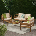 Aston Outdoor Mid Century Modern Cushioned Acacia 4 Seat Chat Set Loveseat & Coffee Table & Club Chair Teak Finish Cream Cushion Yes Complete Patio Set Teak Beige Seats 4 Weather Resistant Frame Water Resistant Cushion Garden & Outdoor Mid Century Modern