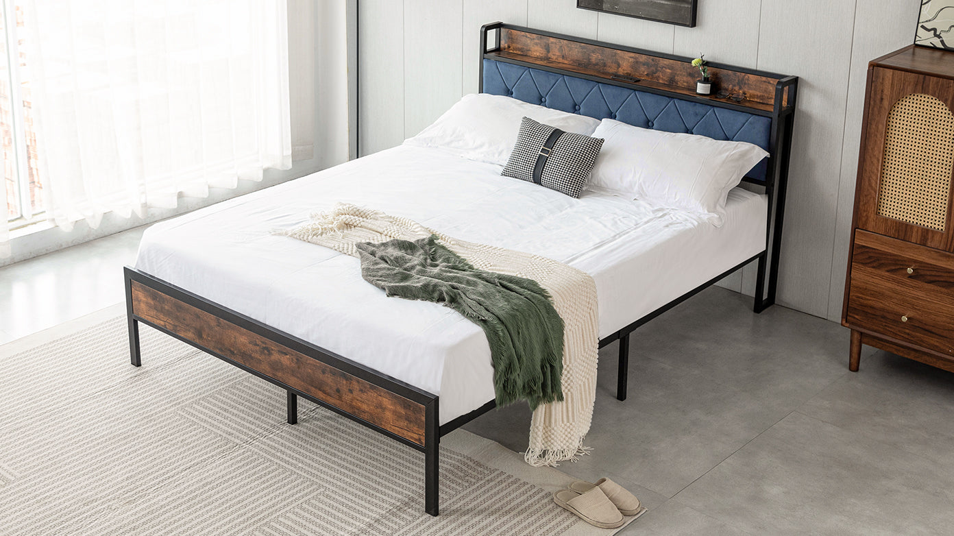 Black Full Metal Bed Frame With Upholstered Headboard And Footboard And Iron Slats, Rustic Bed Base, Heavy Duty Platform Bed Frame,12 Inch Underbed Storage No Springs Required Box Spring Required Full Black Dark Walnut Metal Brown Bedroom