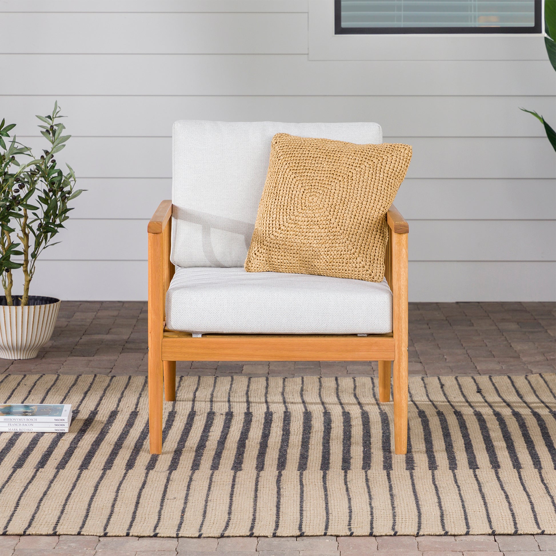 Contemporary Cushioned Eucalyptus Wood Patio Accent Chair Natural Natural Eucalyptus Eucalyptus