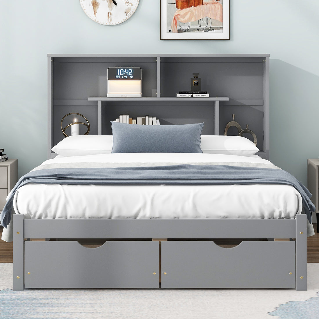 Full Size Platform Bed With Storage Headboard And 2 Drawers, Gray Box Spring Not Required Full Gray Wood Bedroom Bed Frame Solid Wood Mdf