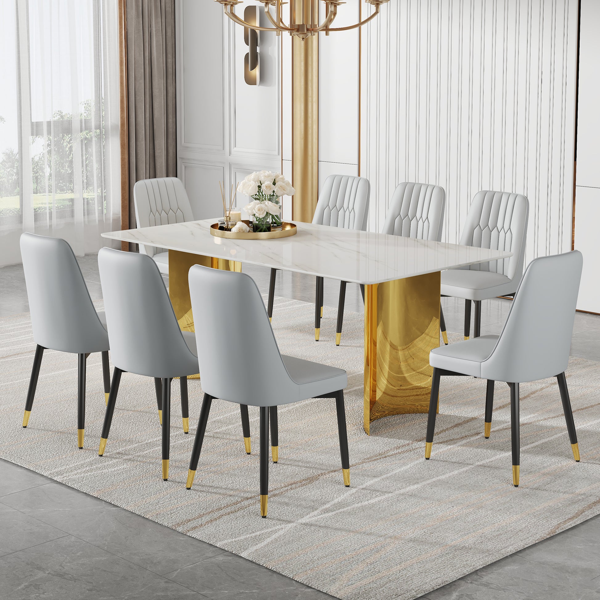 Table And Chair Set.The Table Has A Glass Top With Imitation Marble Pattern Stickers And Stainless Steel Golden Legs. Paried With Chairs With Pu Artificial Leather Backrest Cushions And Black Legs. White Gold Seats 8 Glass Metal