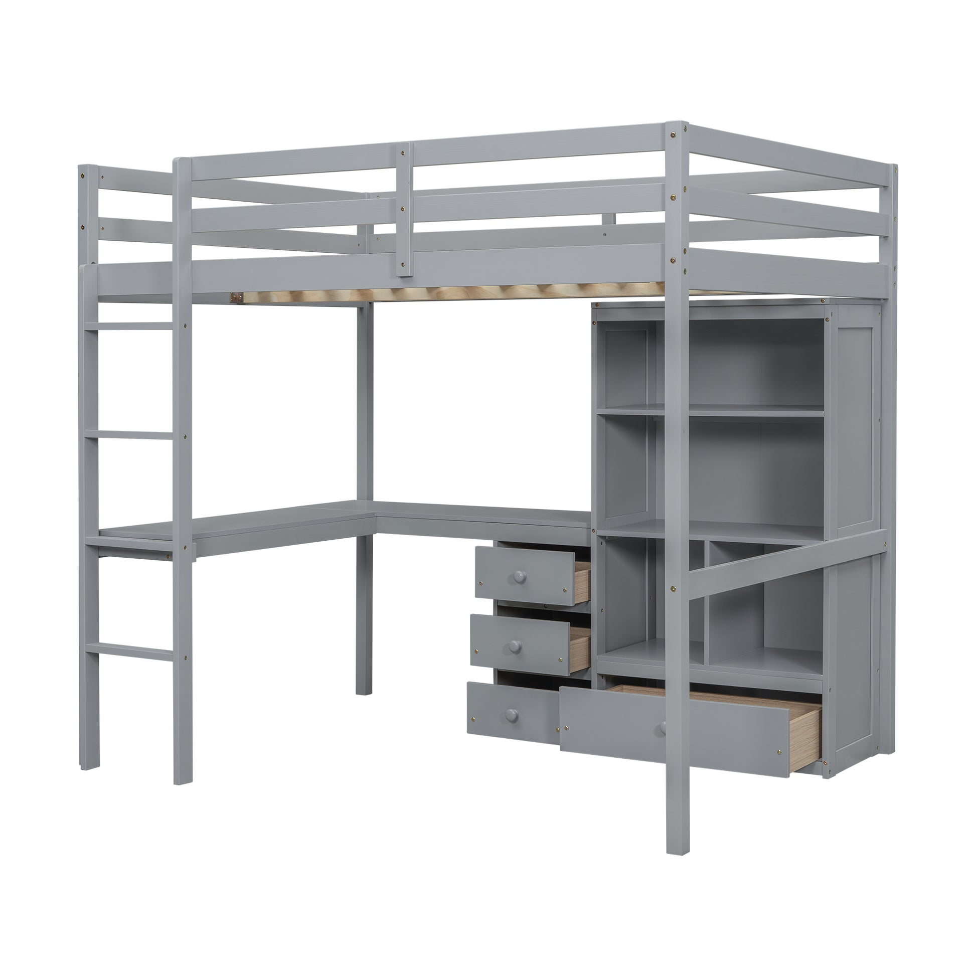 Full Size Loft Wood Bed With Desk, Storage Shelves And Drawers, Built In Ladder, High Loft Bed With Desk, Storage Shelves And Drawers,Guardrails,Grey Full Grey Pine