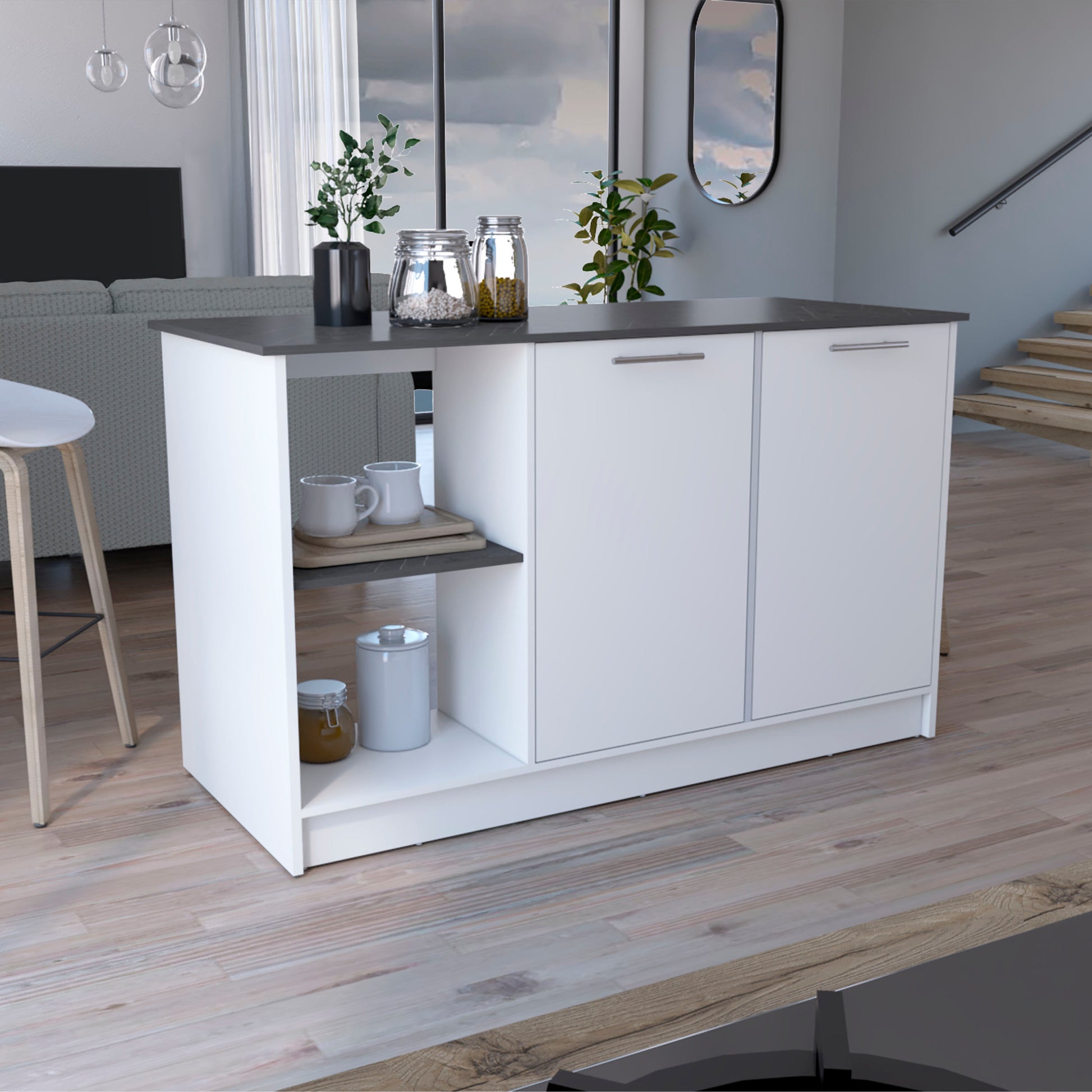 Juniper Kitchen Island With Large Top Surface, Double Door Cabinet, And Open Shelves Multi Particle Board