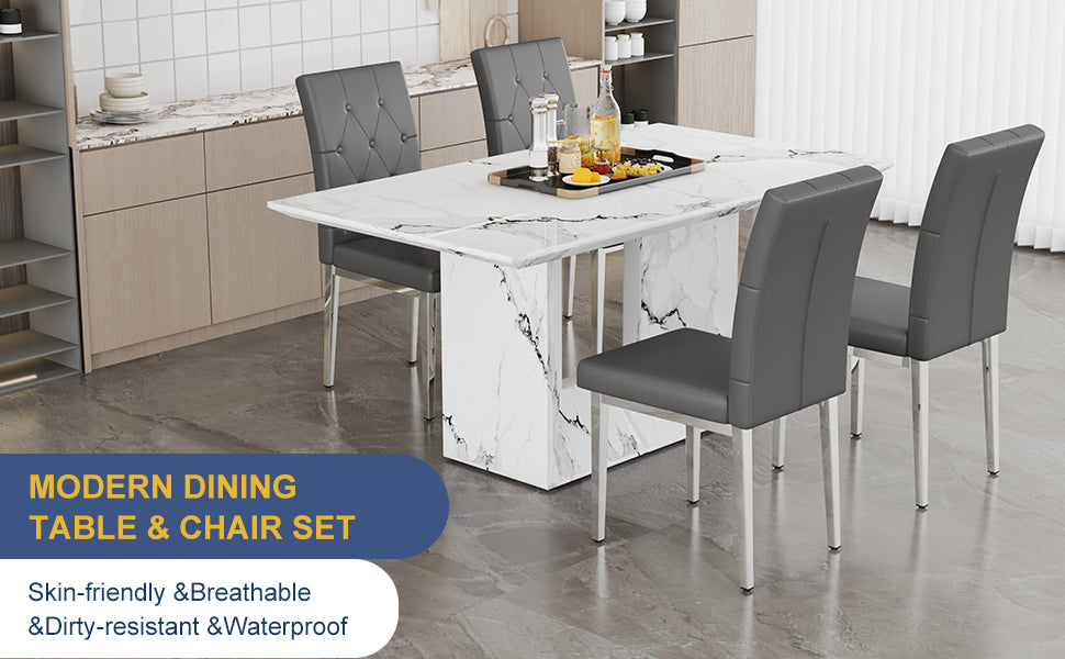 Table And Chair Set.63"X35.4" White Marble Patterned Mdf Dining Table Set With 4 Armless Dark Gray Pu Chairs.Showcasing A Modern And Stylish Look. Dark Gray,White Seats 4 Mdf Metal