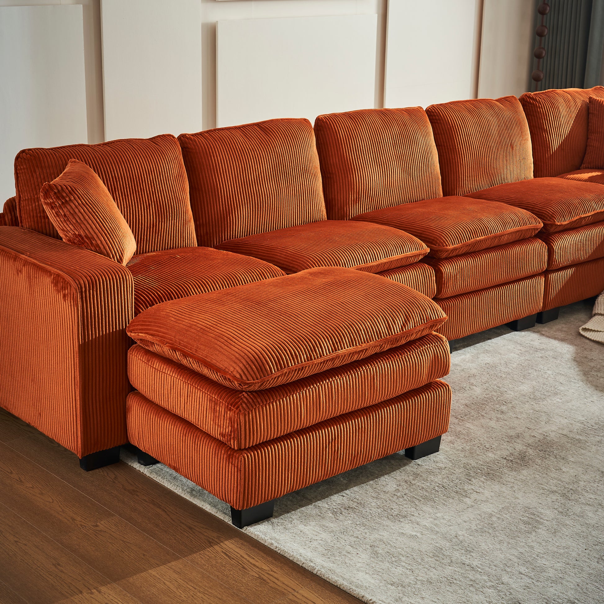 Modern U Shaped 6 Seat Sectional Sofa Couch With One Ottoman And Three Toss Pillows ,Modular Sofa For Living Room,Corduroy Sofa Orange Corduroy 7 Seat