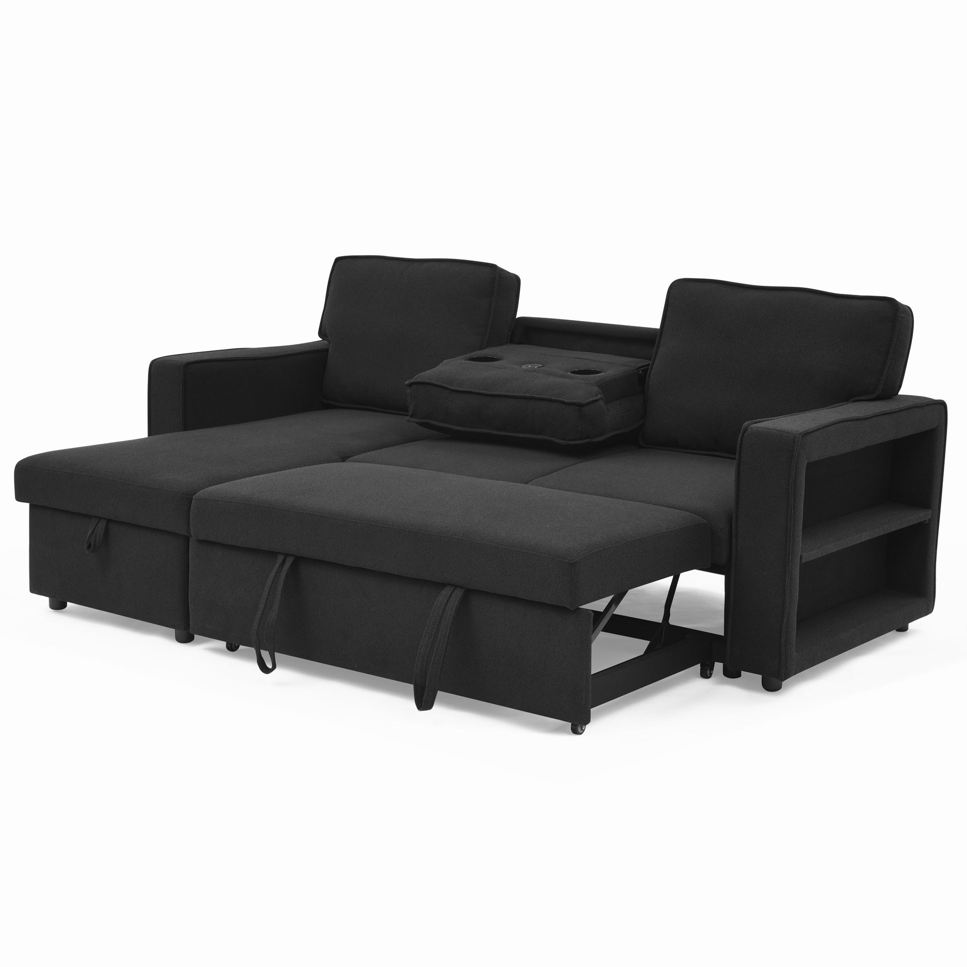 Linen Upholstered Sleeper Sectional Sofa, Shaped Modular Convertible Sofa With Storage Chaise,There Are Two Cup Holders In The Middle And Usb Multi Interface Function,Pull Out Sleep Couch Bed ,Black