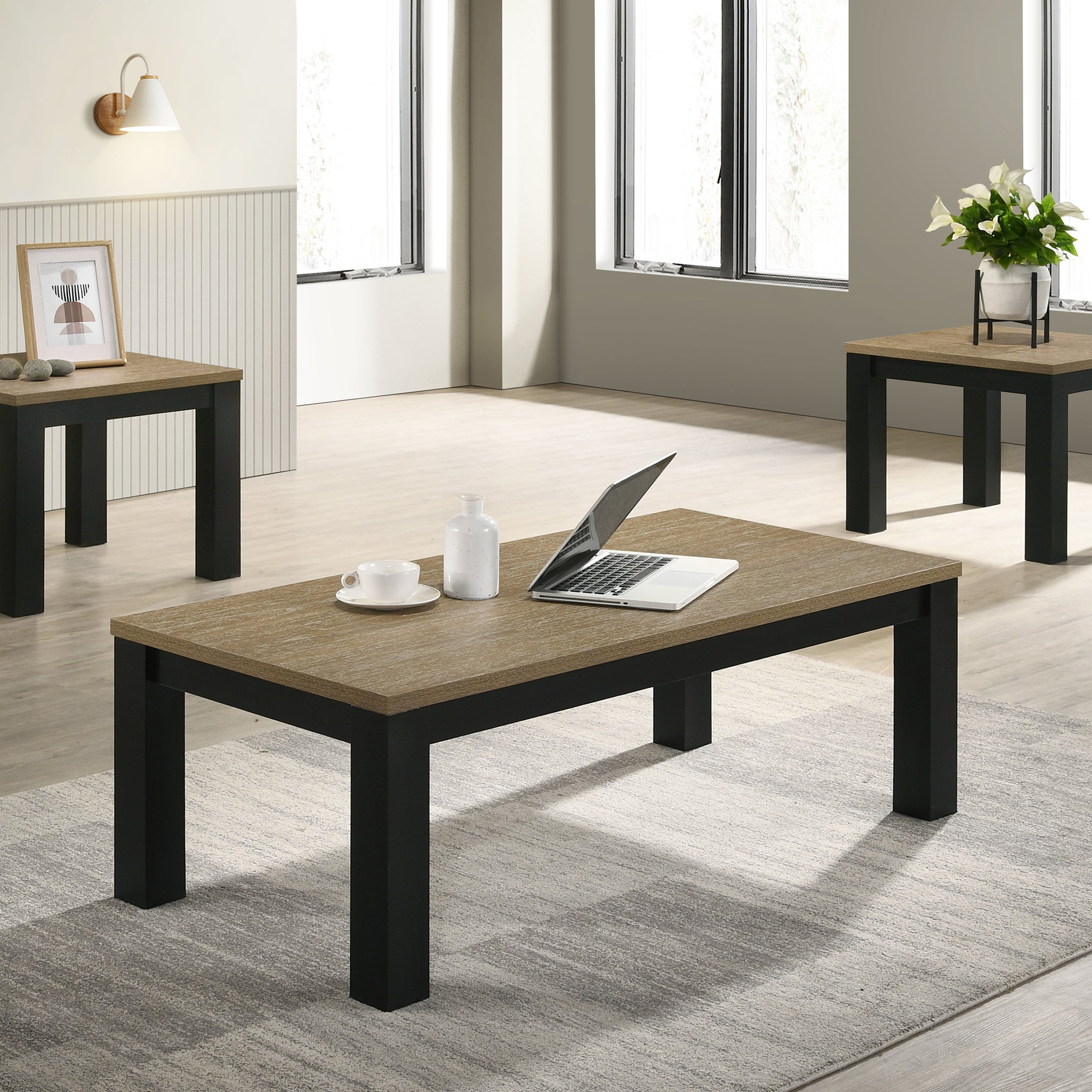 Brown Black 3 Piece Living Room Table Set Table Top Cocktail Table And Two Matching End Tables Wooden Furniture Brown Black Primary Living Space Contemporary,Modern Wood