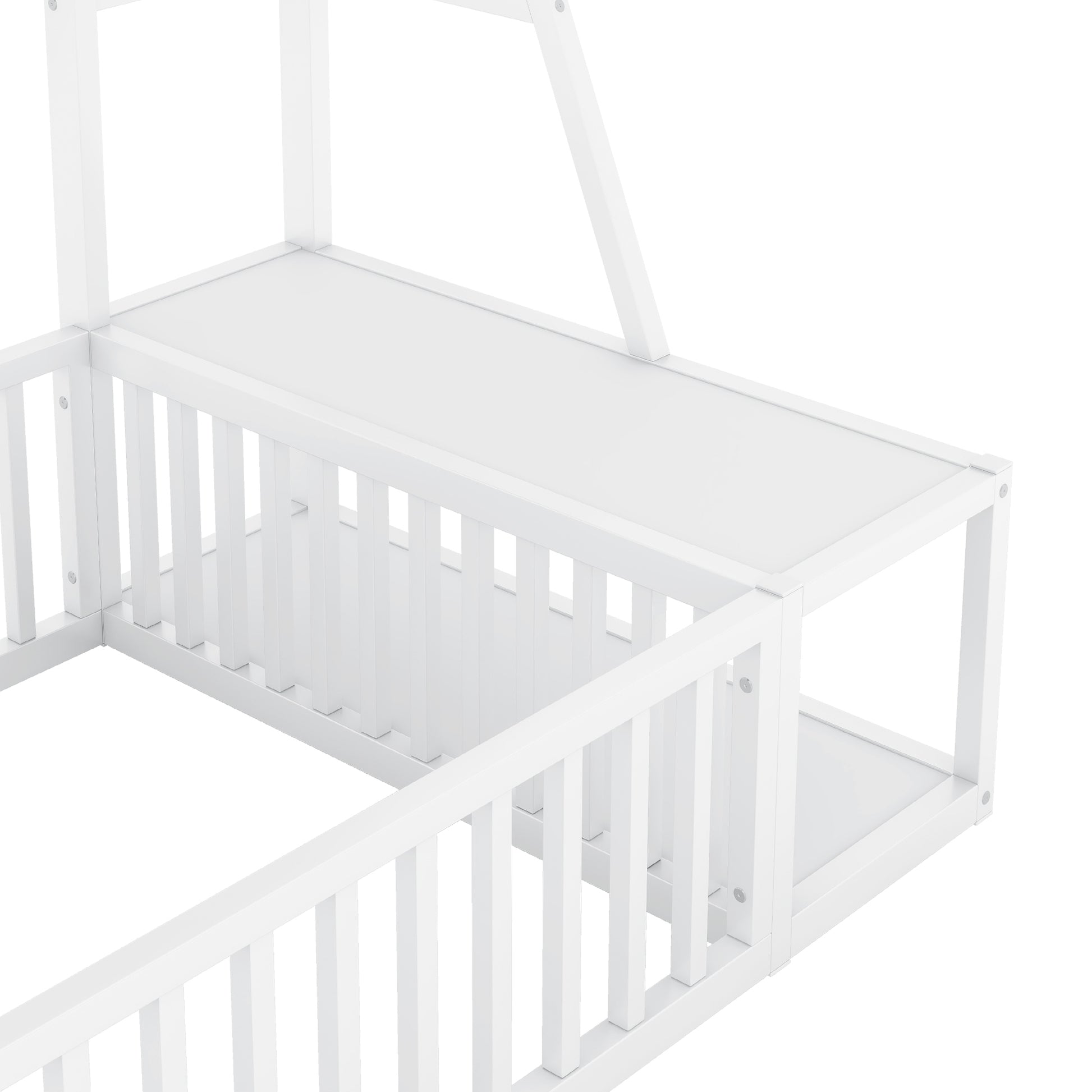 Twin Size Floor Bed Frame With Safety Fence, Metal Floor Bed With Desk And Storage Shelves, Playhouse For Kids, White Twin Off White Metal
