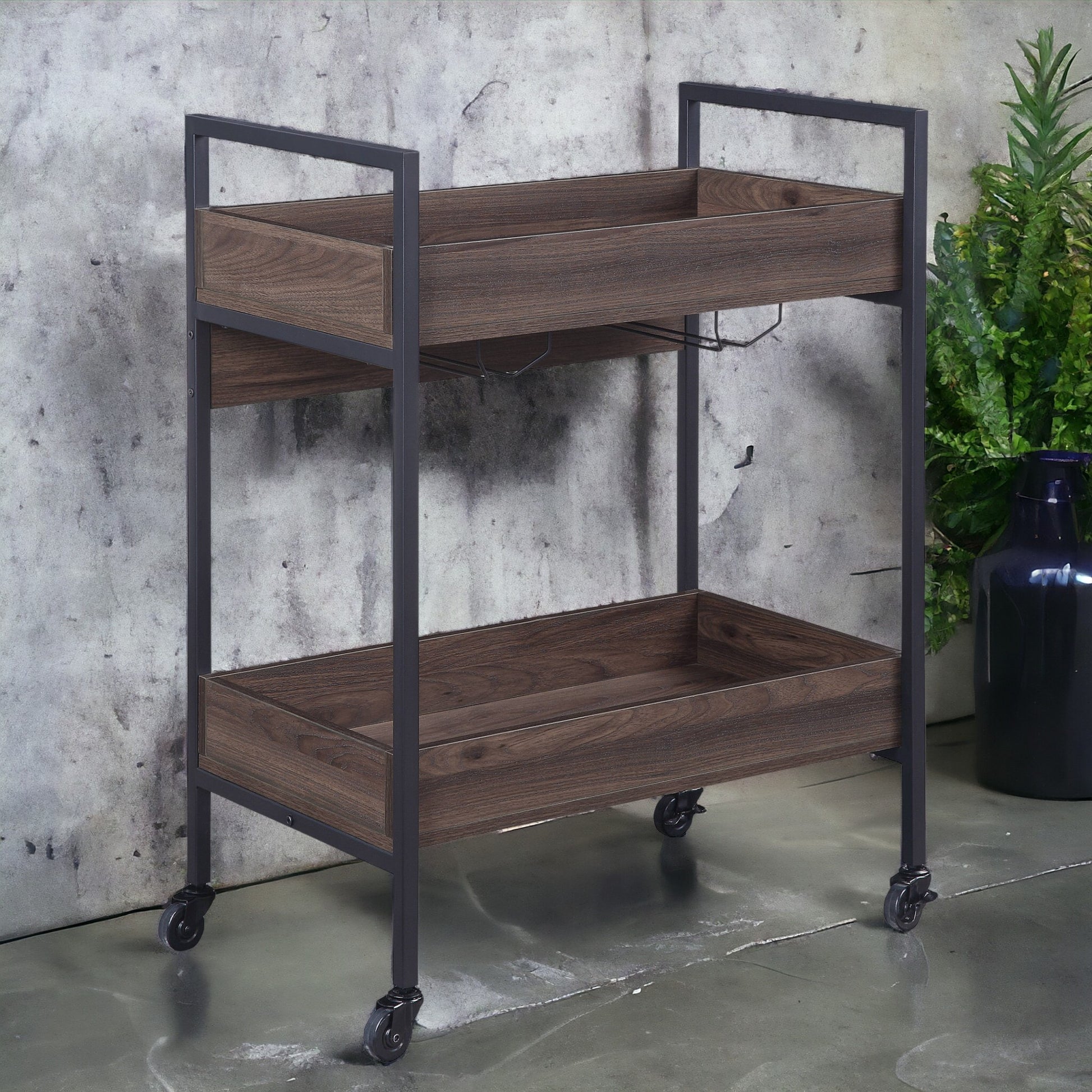 Jerrick Walnut & Black Finish Serving Cart Black,Walnut Metal,Synthetic Wood