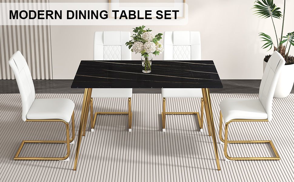 Table And Chair Set. 1 Table With 4 White Pu Chairs. Modern Minimalist Rectangular Black Imitation Marble Dining Table, With Golden Metal Legs. Paired With 4 Chairs With Golden Legs.Dt 1544 C001 Black Gold Glass Metal