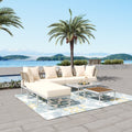8 Piece Patio Sectional Sofa Set With Tempered Glass Coffee Table And Wooden Coffee Table For Outdoor Oasis, Garden, Patio And Poolside Beige Cushion White Steel Beige Iron