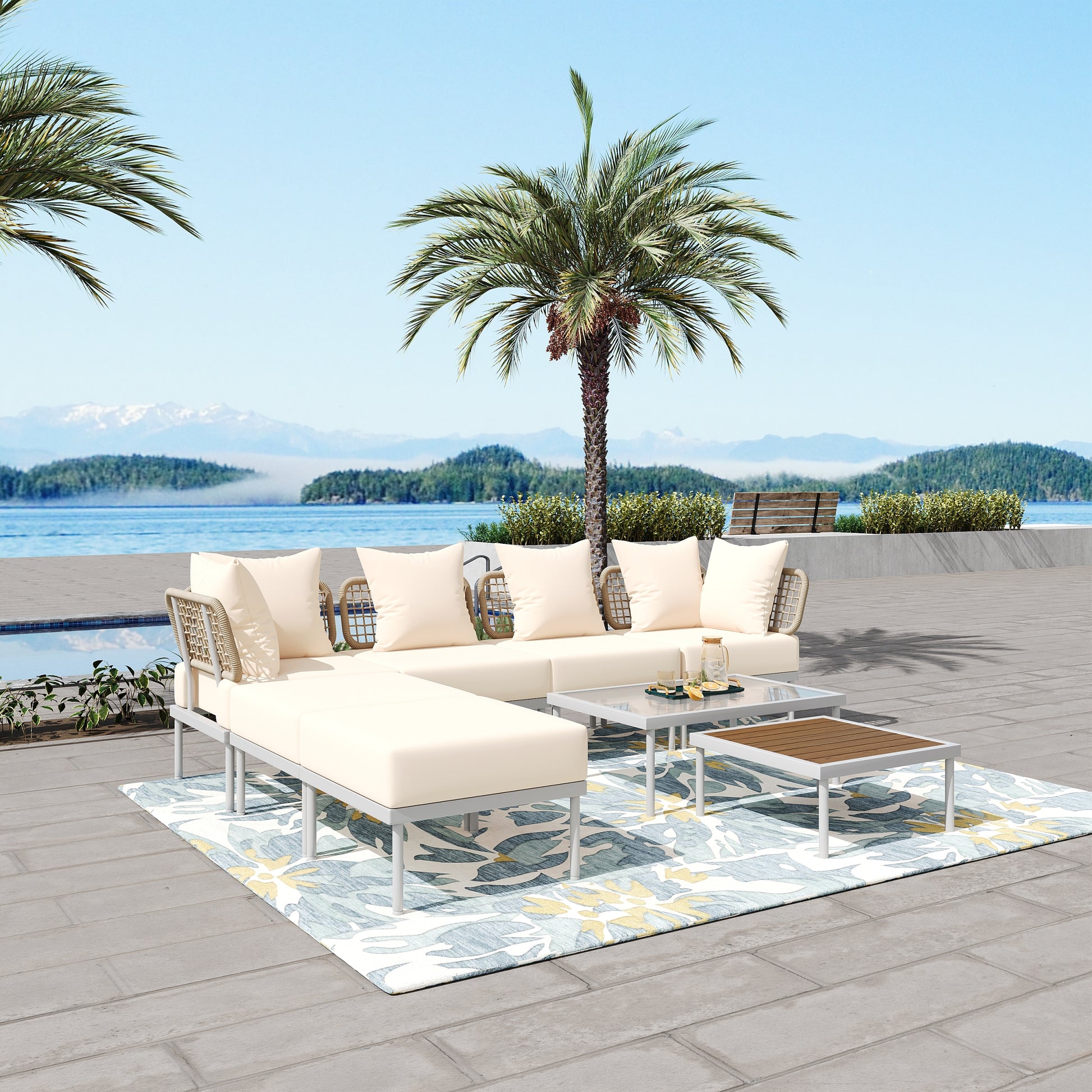 8 Piece Patio Sectional Sofa Set With Tempered Glass Coffee Table And Wooden Coffee Table For Outdoor Oasis, Garden, Patio And Poolside Beige Cushion White Steel Beige Iron