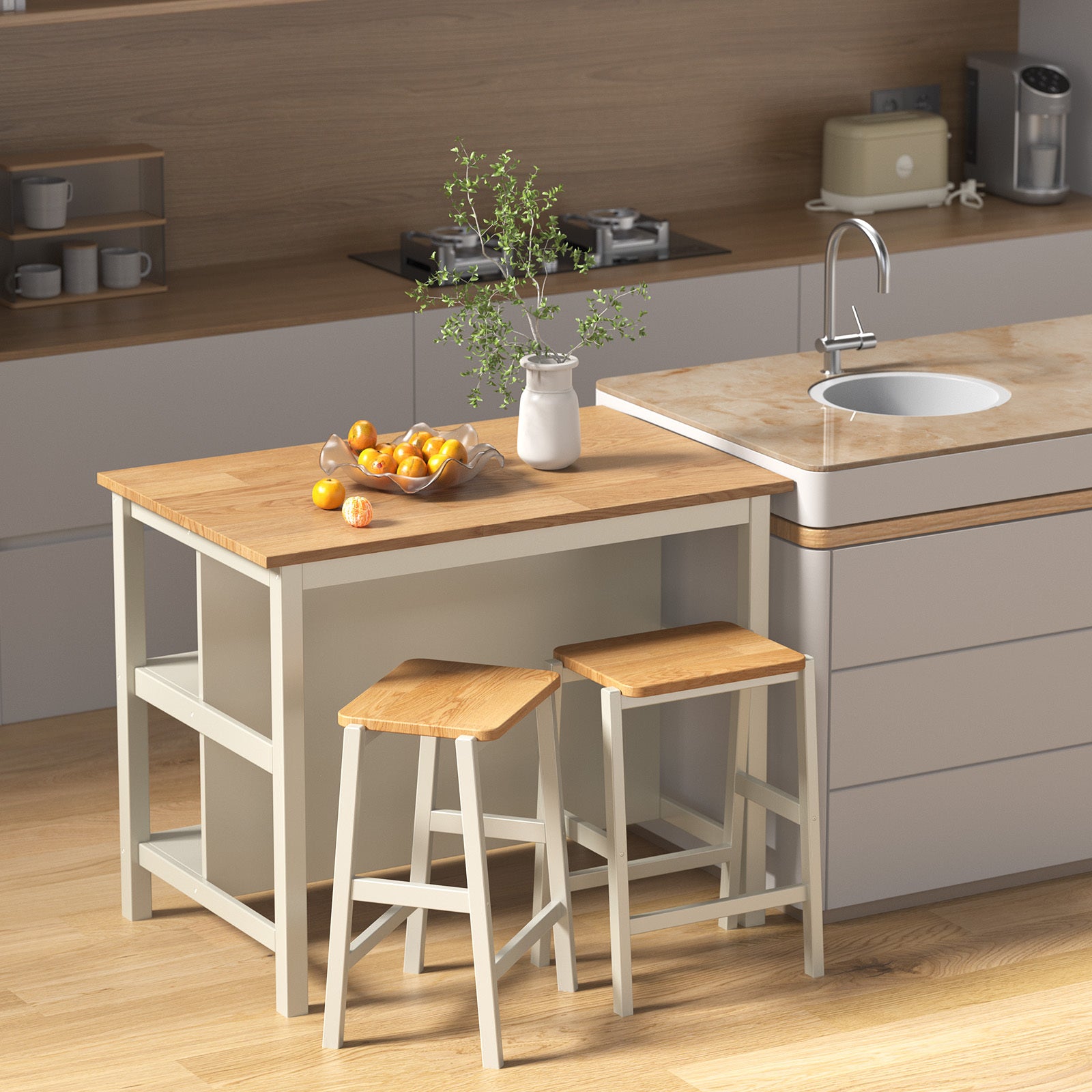 3 Pcs Dining Table Set Rustic Retro Breakfast Table Dining Stools Rubber Wood For 2 With Two Open Shelves For Small Space Kitchen Dining Room Cream White White Rubber Wood