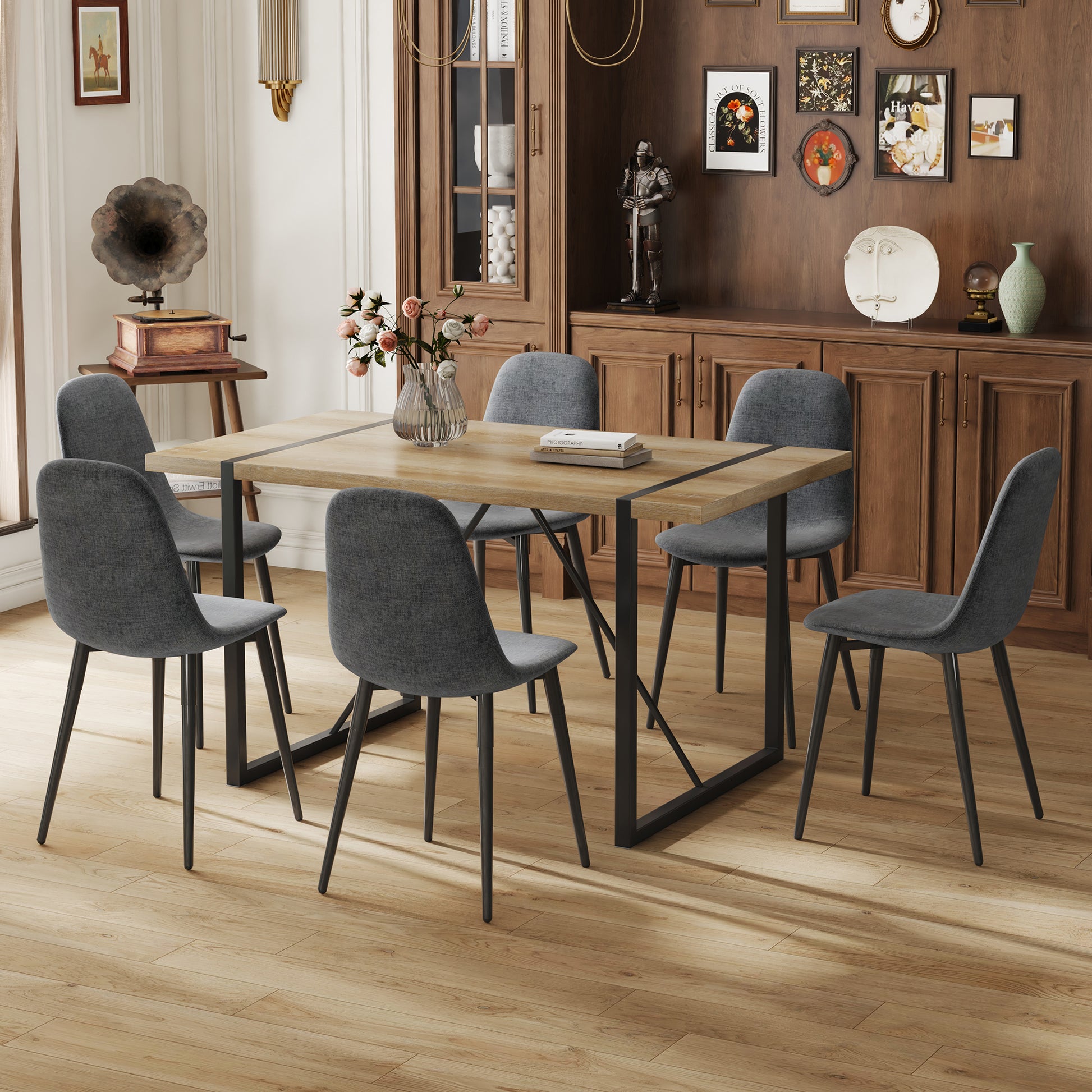 Table And Chair Set, Upholstered Side Chairs In A Modern Medieval Style, Dark Grey Dining Chairs And A Rustic Industrial Rectangular Wood Color Mdf Dining Table. Gray Seats 6 Mdf