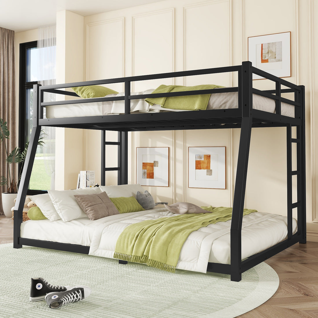 Metal Full Xl Over Queen Bunk Bed For Teens And Adults,Space Saving Noise Reduced No Box Spring Needed, Black Full Xl Black Metal