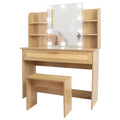 Vanity Desk Set Stool & Dressing Table With Led Lighting Mirror Drawer And Compartments Modern Wood Cosmetic Table Chest Of Drawers Nature Color Natural Wood Particle Board