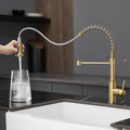 Kitchen Faucet With Pull Down Sprayer Brushed Gold Stainless Steel Single Handle Pull Out Spring Sink Faucets Brushed Gold Kitchen Classic,Contemporary,Modern Ceramic Stainless Steel