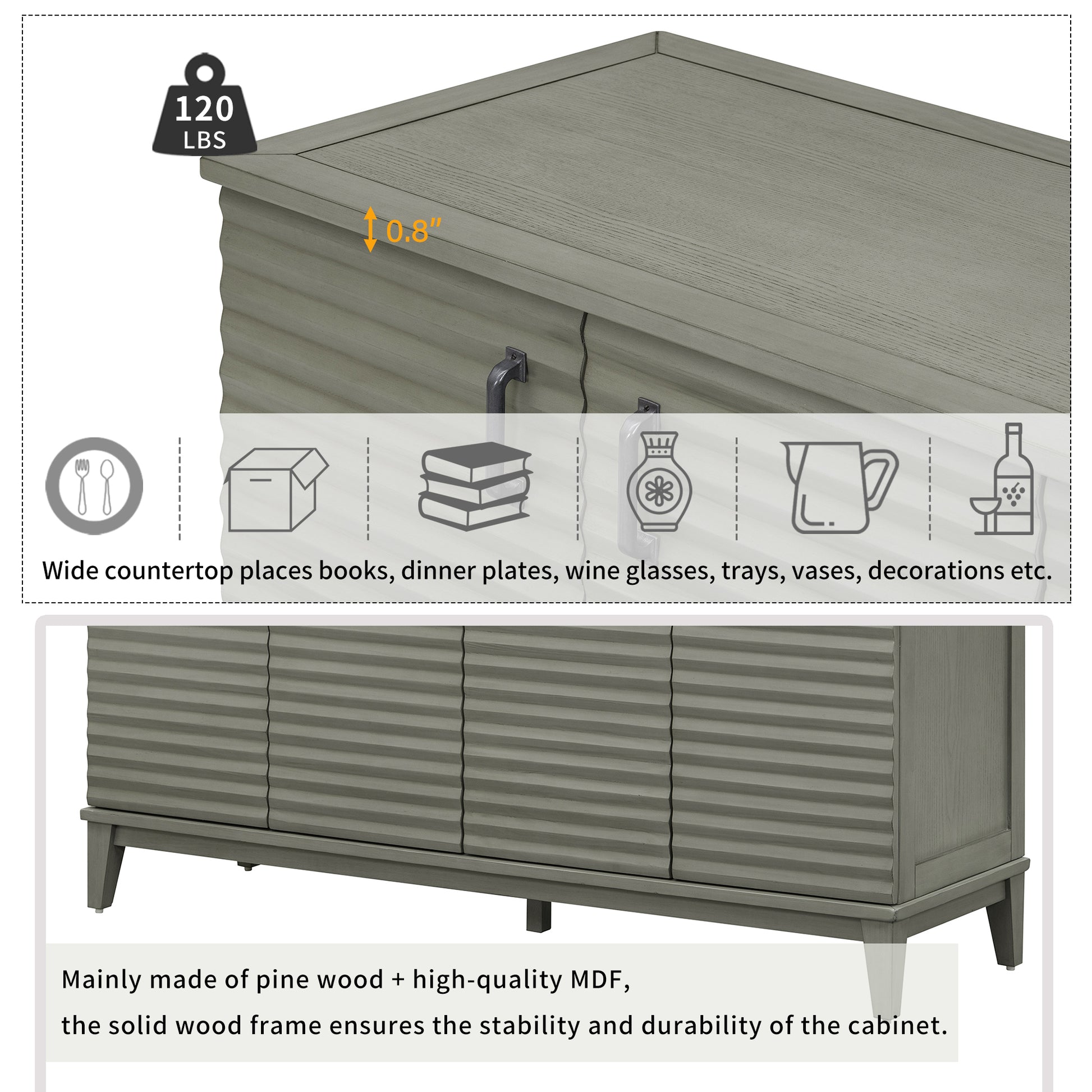 Sideboard With 4 Door Large Storage Buffet With Adjustable Shelves And Metal Handles For Kitchen, Living Room, Dining Room Antique Gray Antique Gray Solid Wood Mdf