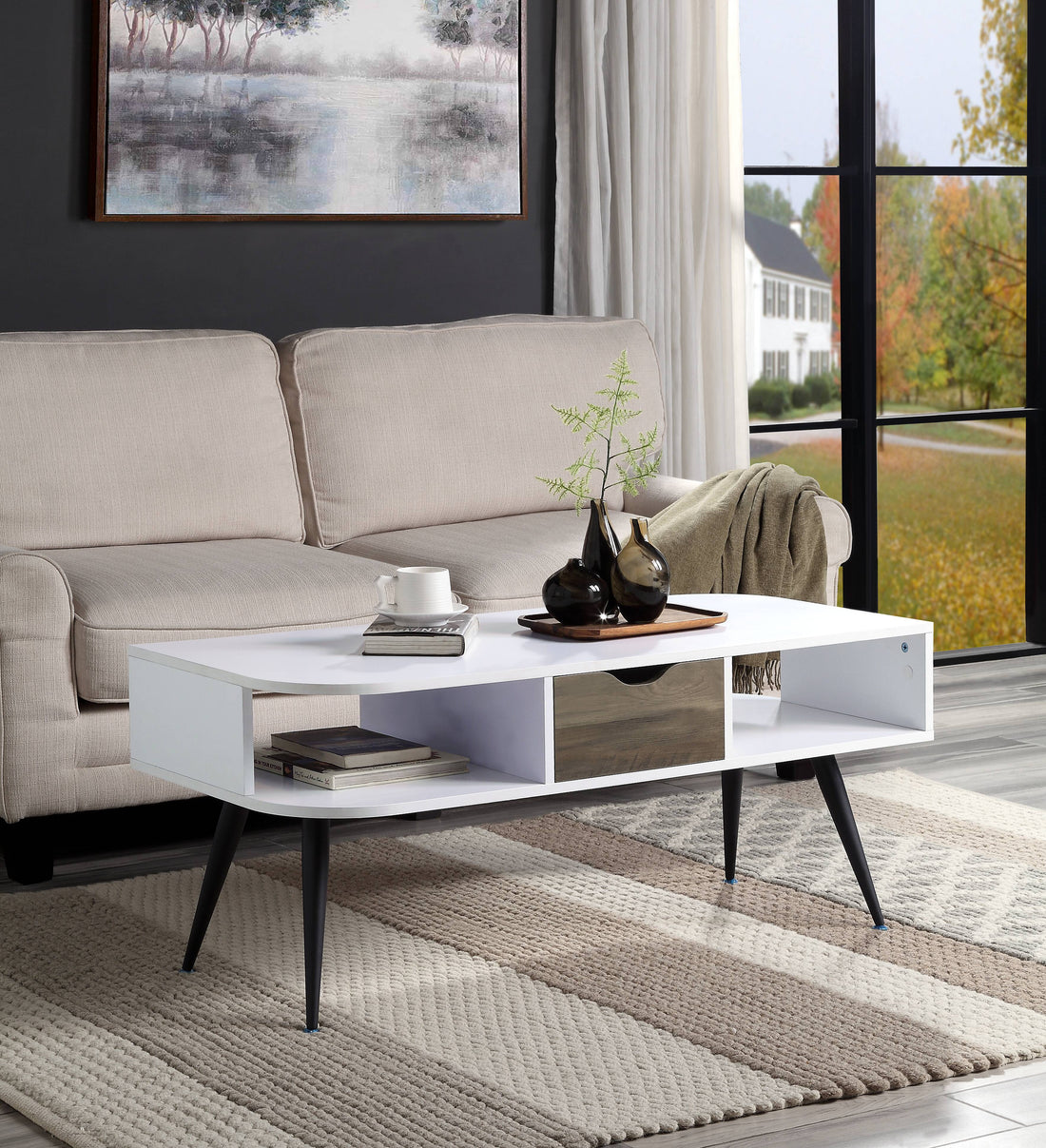 Halima White & Black Finish Coffee Table Black,White Metal,Synthetic Wood
