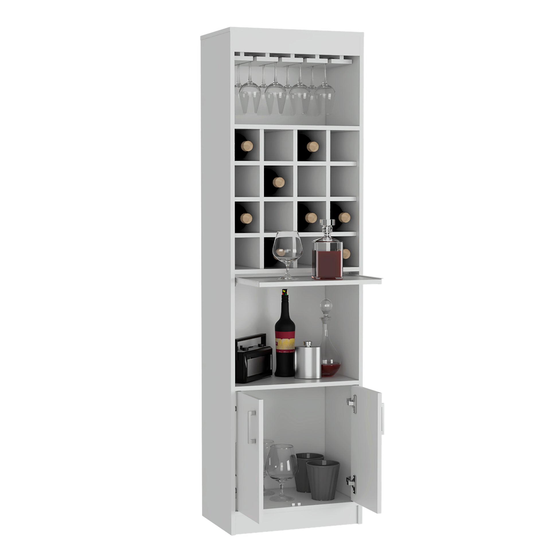 Kava Bar Cabinet, Concealable Serving Tray, Sixteen Built In Wine Rack, One Shelf, Double Door White White Primary Living Space Particle Board Particle Board