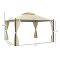 Outsunny 10' X 12' Steel Outdoor Patio Gazebo With Polyester Privacy Curtains, Two Tier Roof For Air, Large Design Beige Steel