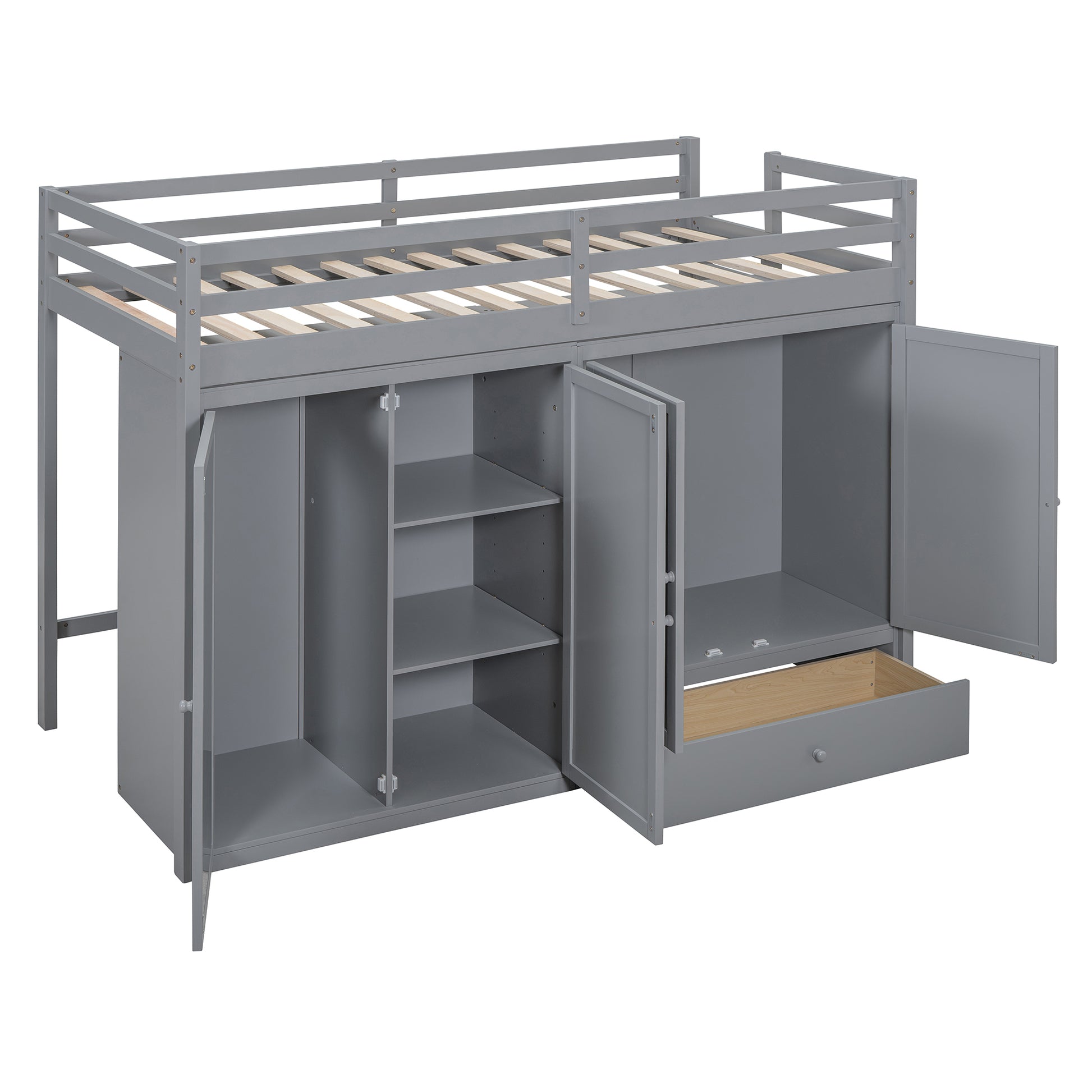 Twin Size Loft Bed With Drawer, Two Wardrobes And Mirror, Gray Gray Solid Wood Mdf