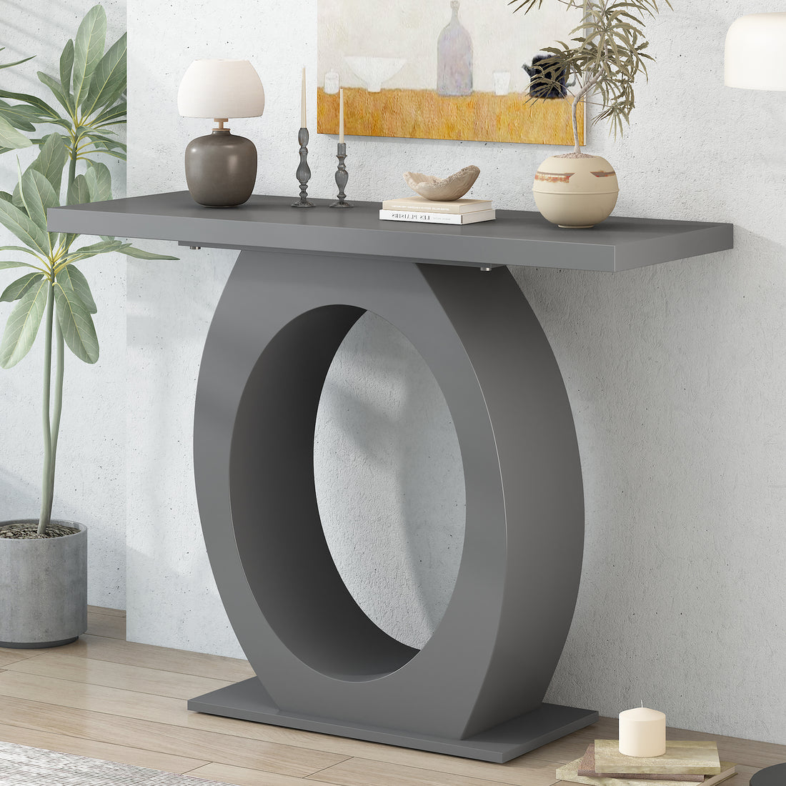 Mirod Stylish Modern Console Table With Egg Shaped Base,Enhanced Stability And Durability,Sleek Design For Home Decor,Perfect For Living Room Or Bedroom Grey Mdf Acacia