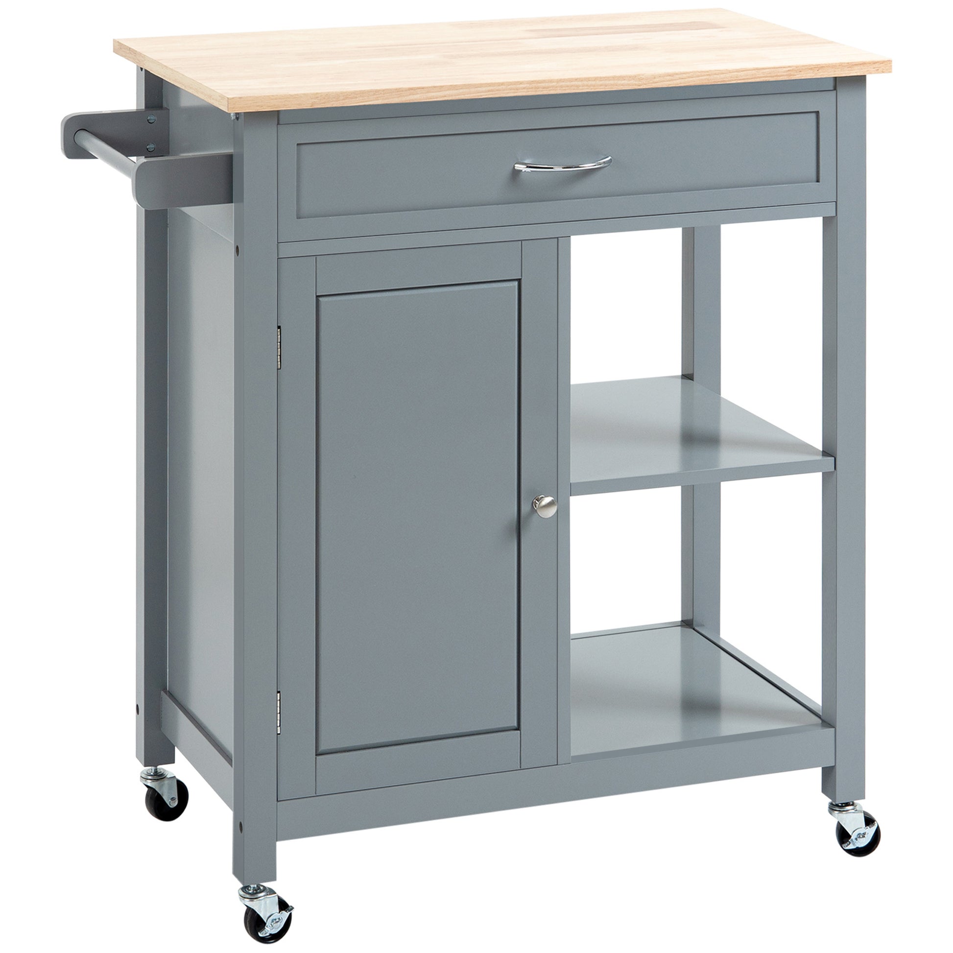 Homcom Kitchen Island Cart, Rolling Kitchen Island With Storage Shelf, Solid Wood Top, Drawer, For Dining Room, Gray Grey Mdf