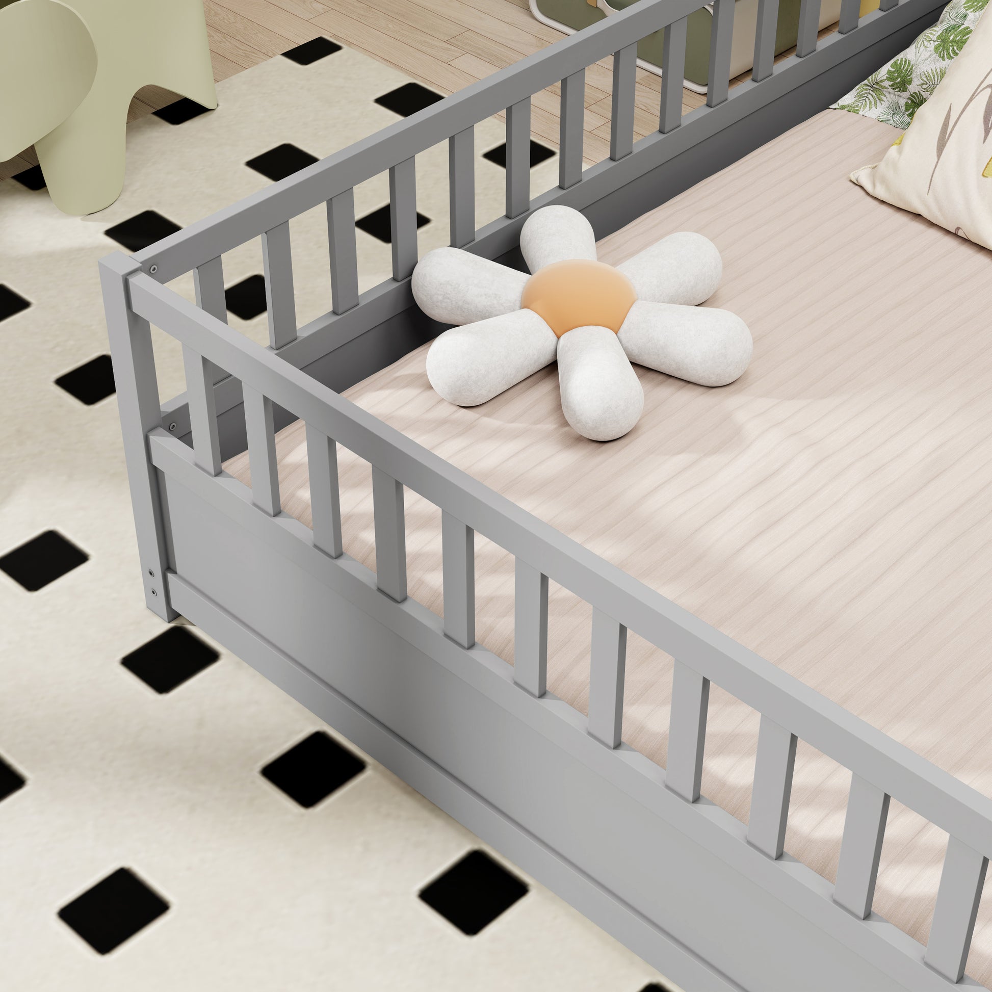 Full Size Floor Bed, Integral Construction With Super High Security Barrier, Door, Children'S Floor Bed Frame, Montessori Wooden Children'S Floor Bed, Grey Box Spring Required Full Grey Wood Brown Bedroom American Design,Artsy Pine Bed Frame Pine