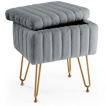 Vanity Stool Chair With Storage, Ottoman Faux Fur Soft Padded Makeup Footstools Seat With 4 Metal Legs Anti Slip Adjustable Feet Modern,Gray Gray Faux Fur