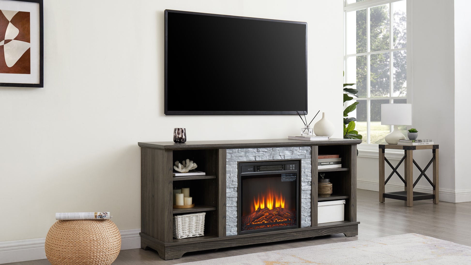 Mantel Electric Fireplace Stone Tv Media Stand With With Faux Stacked Stone Surround, Modern Entertainment Console With Open Storage Space,Grey, 58.31"W*15.39"D*26.06"H Grey 60 69 Inches Mdf