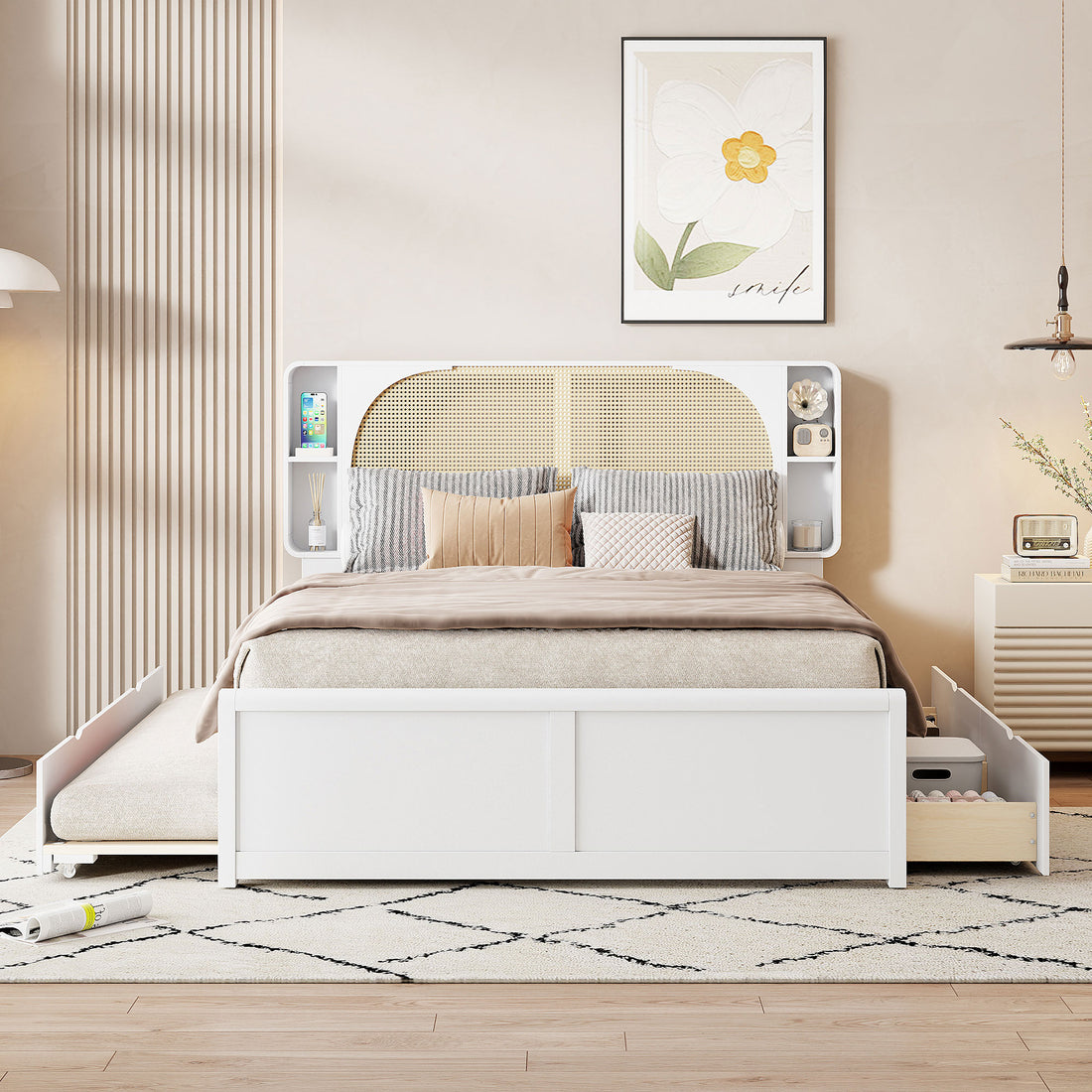 Queen Size Rattan Headboard Bed With Two Drawers And Trundle, White Queen White Solid Wood Mdf