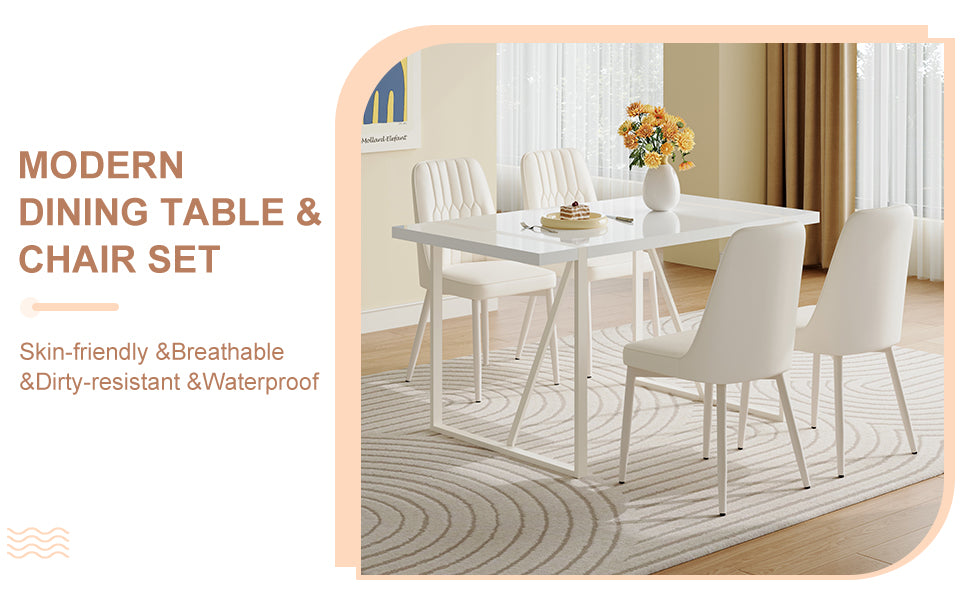 55"X31.5" Cream Style White Mdf Dining Table Set With 4 Armless Cream Style Chairs.Mdf Tabletop And Metal Frame Legs.Adding A Warm And Gentle Atmosphere To Your Family. White Seats 4 Mdf Metal