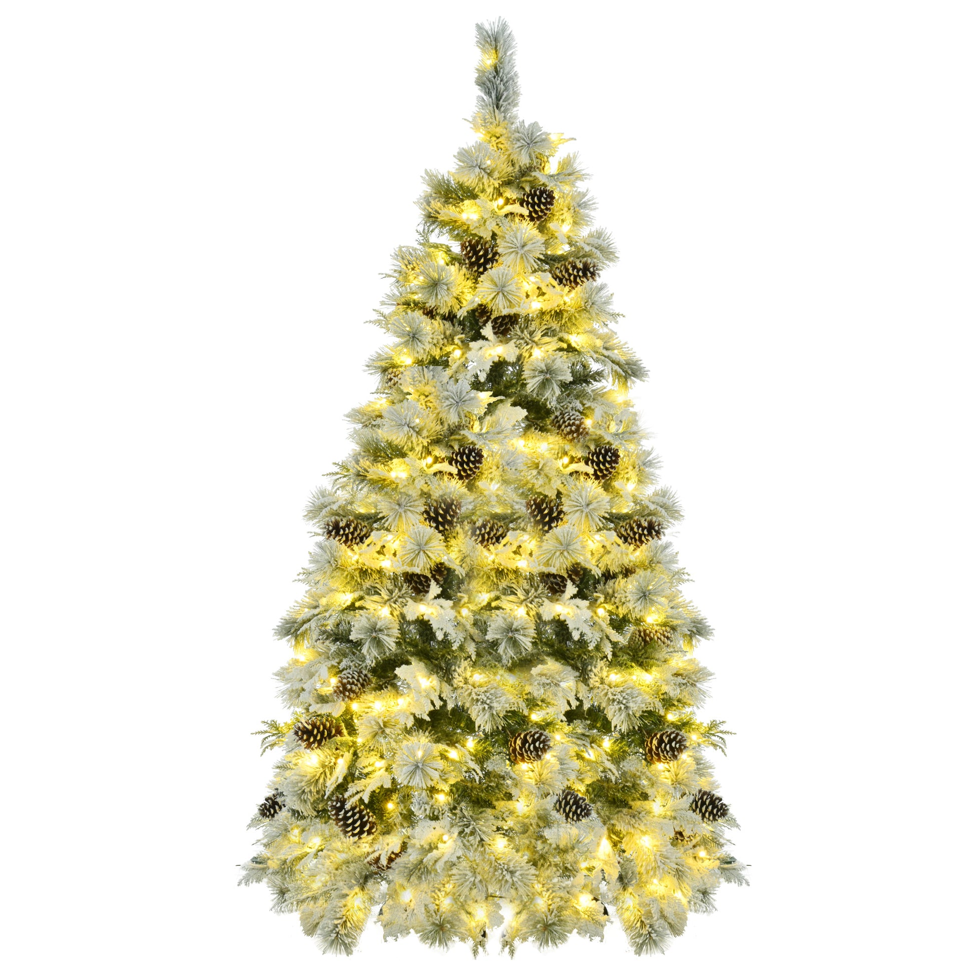 6Ft Pre Lit Spruce Snow Flocked Christmas Tree With Pine Cones, Artificial Xmas Tree With 403 Branch Tips,Mixed Pe & Pvc Branches, 250 Multi Color Led Lights, 11 Flashing Modes, Holiday D Cor White Green Polyethylene,Pvc