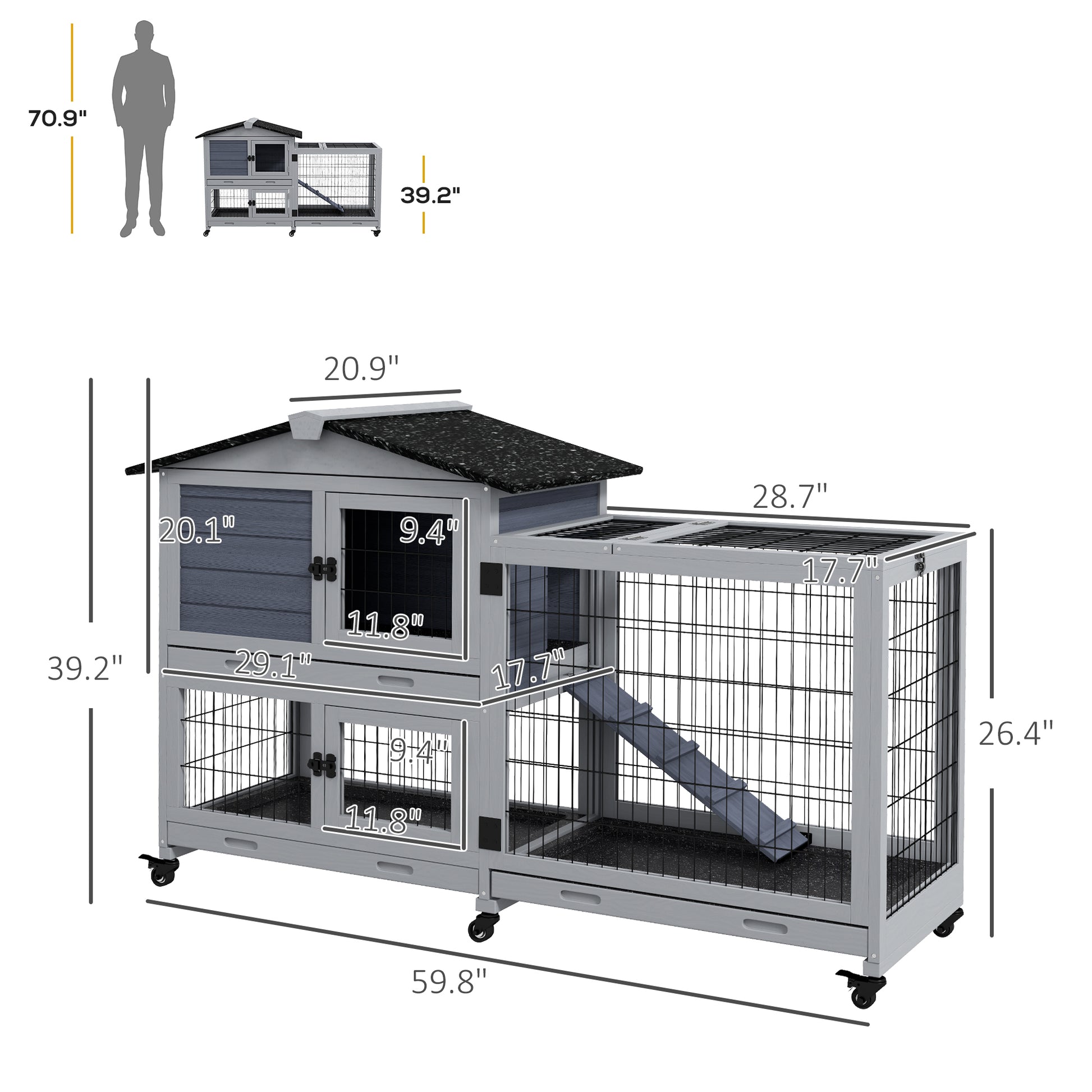 Pawhut Rabbit Hutch 2 Story Bunny Cage Small Animal House With Slide Out Tray, Wheels, For Indoor Outdoor, 59.8" X 20.9" X 39.2", Gray Grey Wood