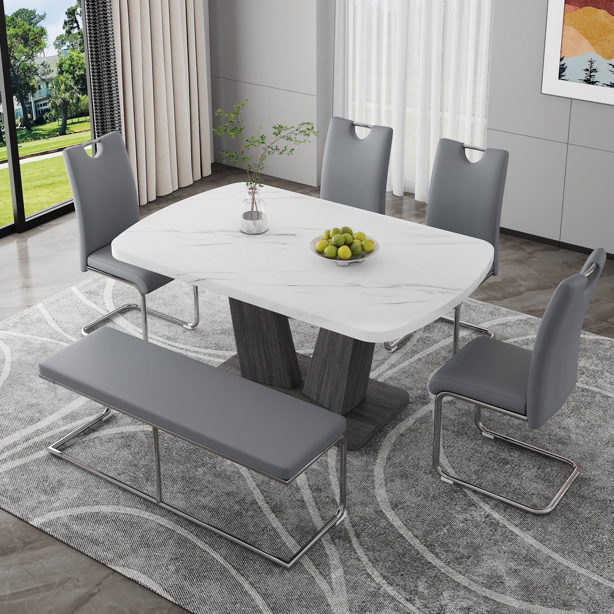 Dining Table Set For 6, 6 Piece Dining Table Set, Faux Marble Table Top And Modern Design Mdf Base With 4 Pu Leather Ergonomic Dining Chairs&1 Bench Metal Grey White Modern Mdf Metal