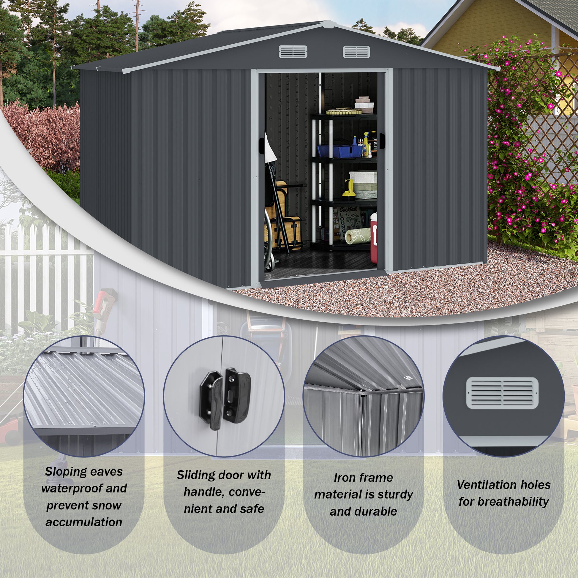 Outdoor Storage Shed 8 X 10 Ft Large Metal Tool Sheds, Heavy Duty Storage House With Sliding Doors With Air Vent For Backyard Patio Lawn To Store Bikes, Tools, Lawnmowers Grey Grey Rectangular None