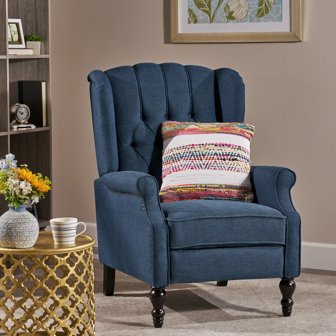 Dark Blue Tufted Fabric Arm Chair Recliner Dark Blue Polyester