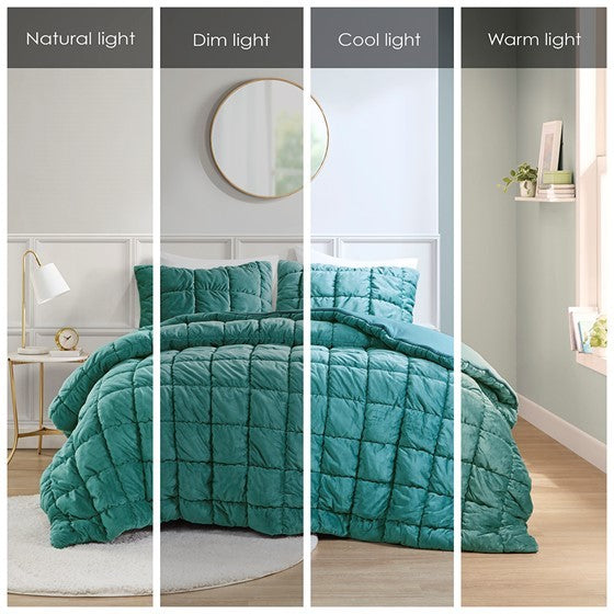 3 Piece Comforter Set King Teal Polyester