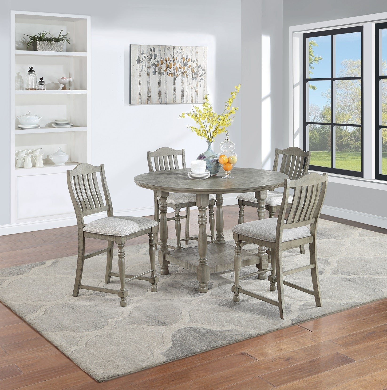 Dining Table 4X High Chairs 5Pcs Counter Height Dining Set Light Grey Finish Dining Room Furniture Plush Upholstered Fabric Seat Contemporary Style Wood Light Grey Seats 4 Wood Dining Room Contemporary,Modern,Transitional Rubberwood Rectangular 4 Leg