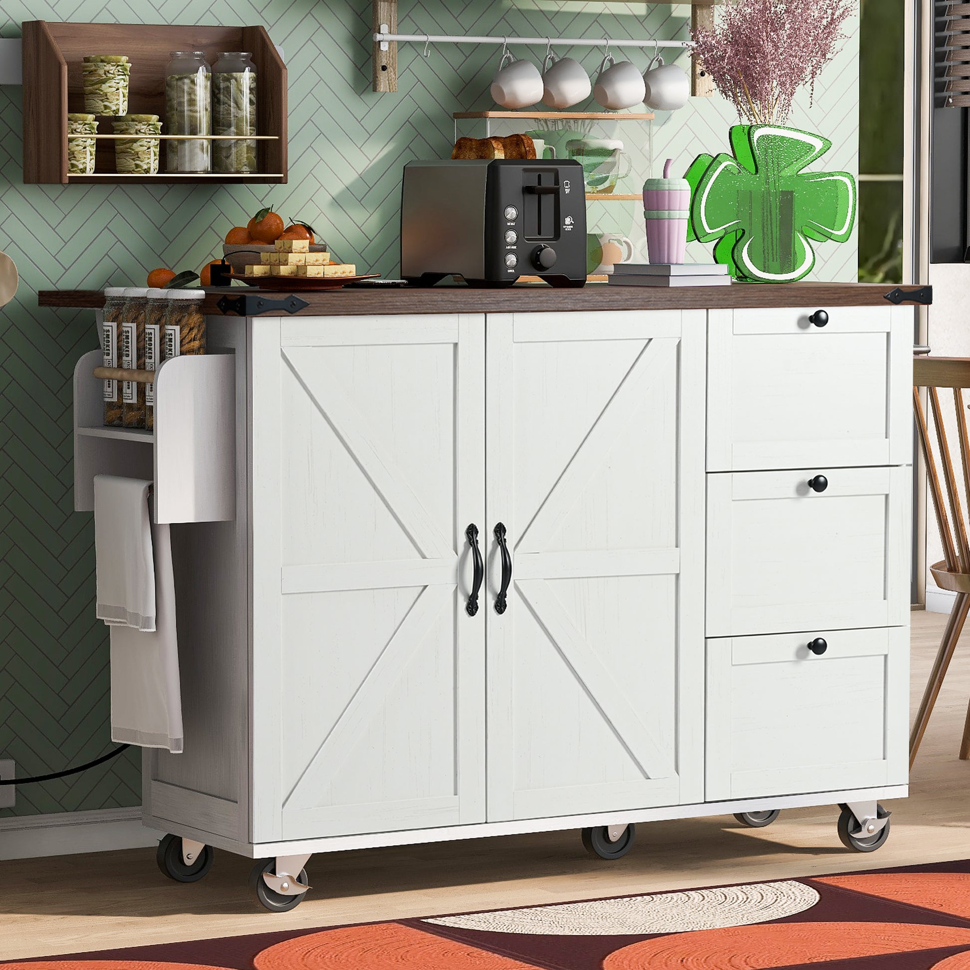 K&K 54.5" Farmhouse Kitchen Island With Power Outlet, Kitchen Storage Island With Internal Storage Rack, Drop Leaf, Spice Rack, Rolling Kitchen Cart On Wheels, For Home, Kitchen And Dining