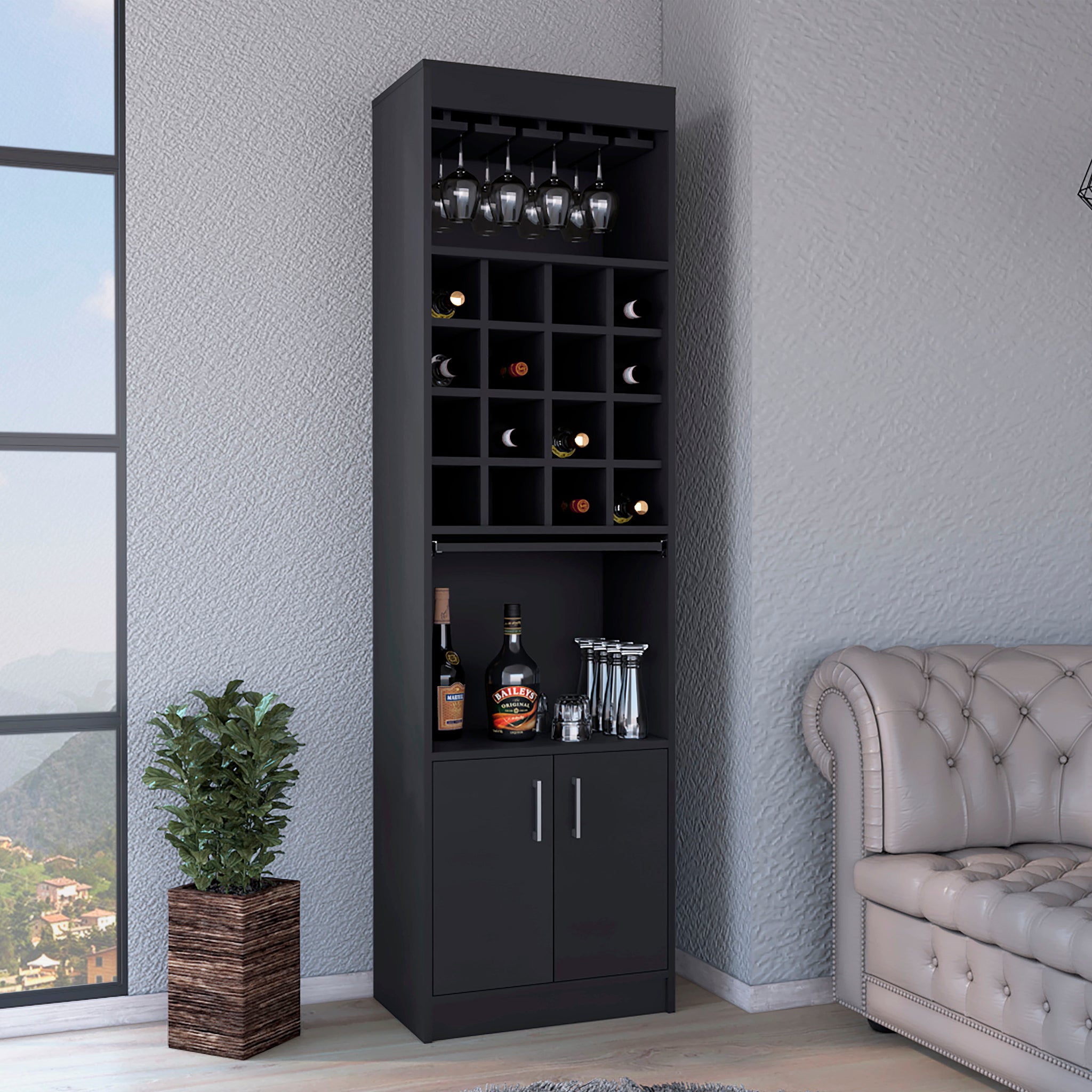 Being Kava Bar Cabinet, Double Door, Two Shelves, Sixteen Built In Wine Rack Black Black Dining Room Modern Particle Board Particle Board