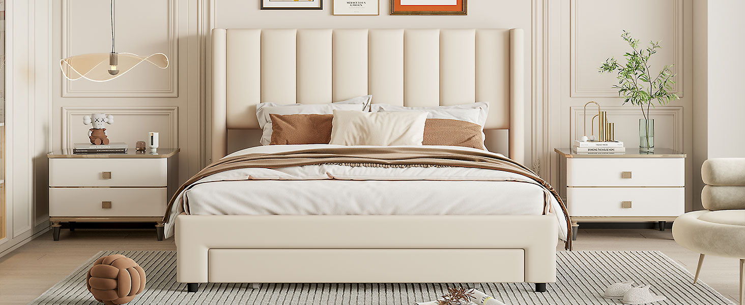 Full Size Storage Bed Velvet Upholstered Platform Bed With A Big Drawer Beige Old Sku:Wf296850Aaa Full Beige Velvet